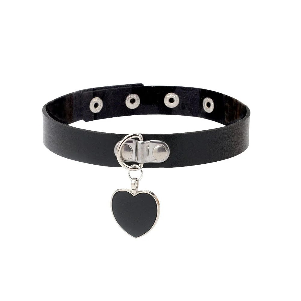 Black Heart Choker‎ Necklace Gothic Punk Faux Leather Collar Adjustable Snaps